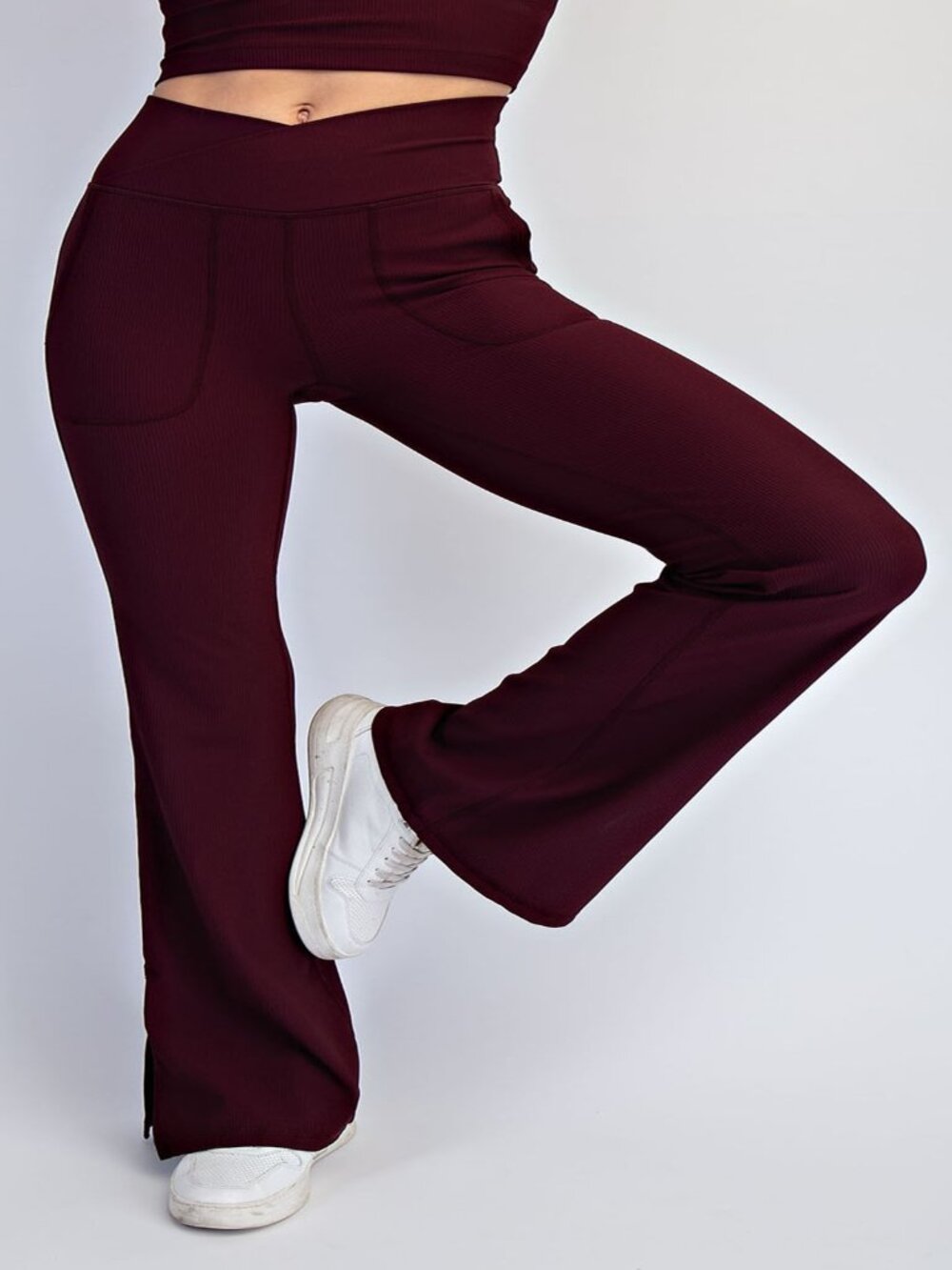 WOMEN'S BUTTERY V WAIST FLARE LEGGINGS W/POCKETS DK CHERRY S - L